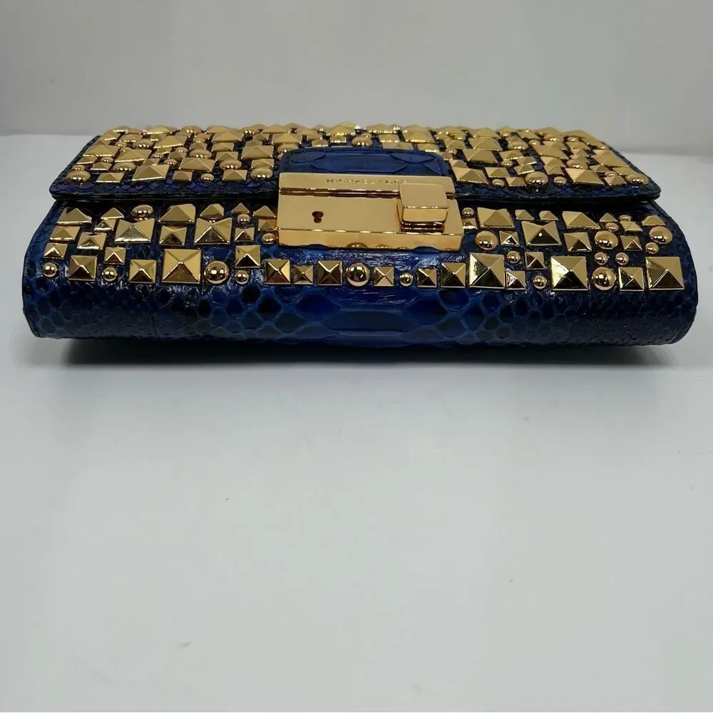 Michael Kors Python Studded Gia Clutch Bah Blue and Gold